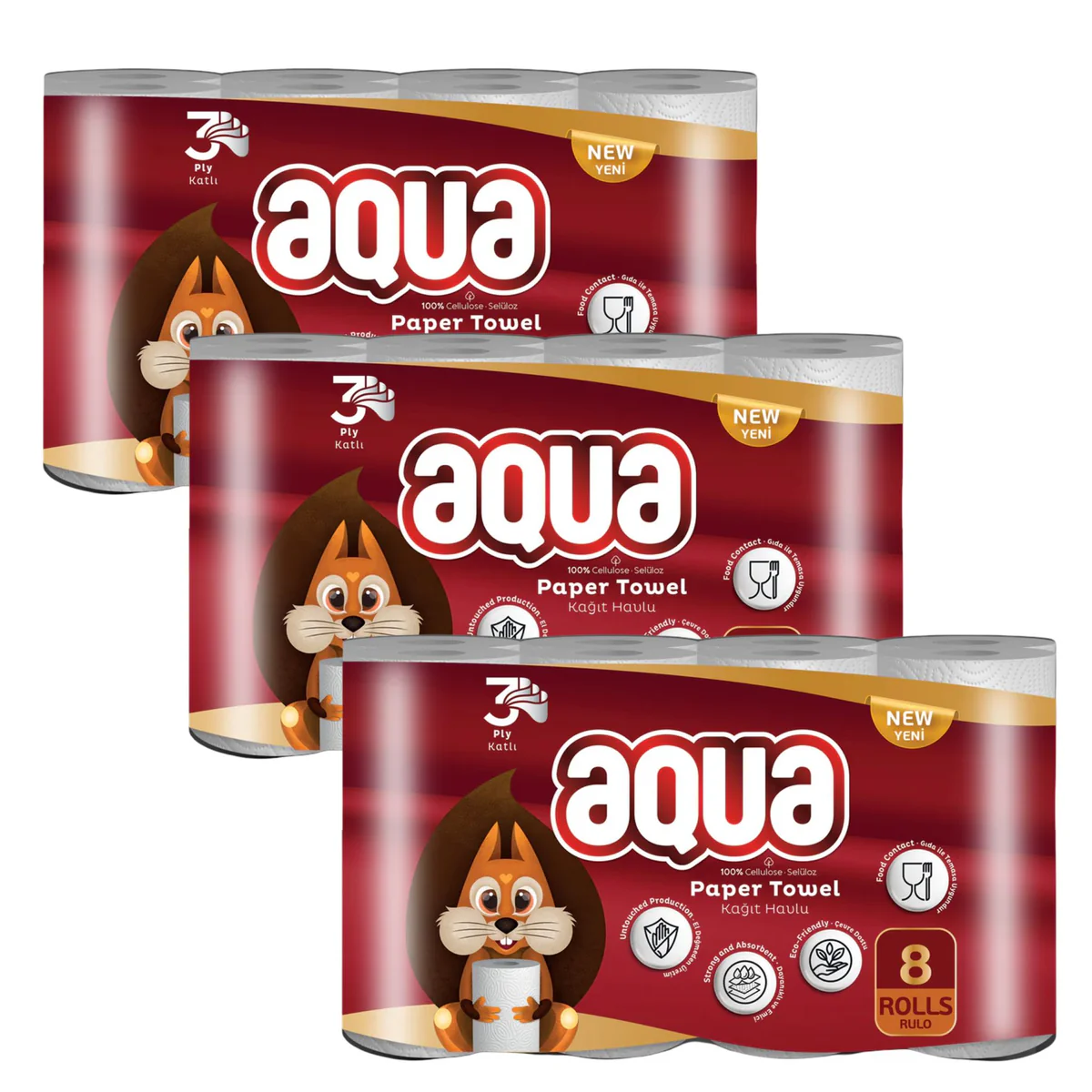 Aqua 3pak á 8 Køkkenruller 3 lags, miljøvenlige