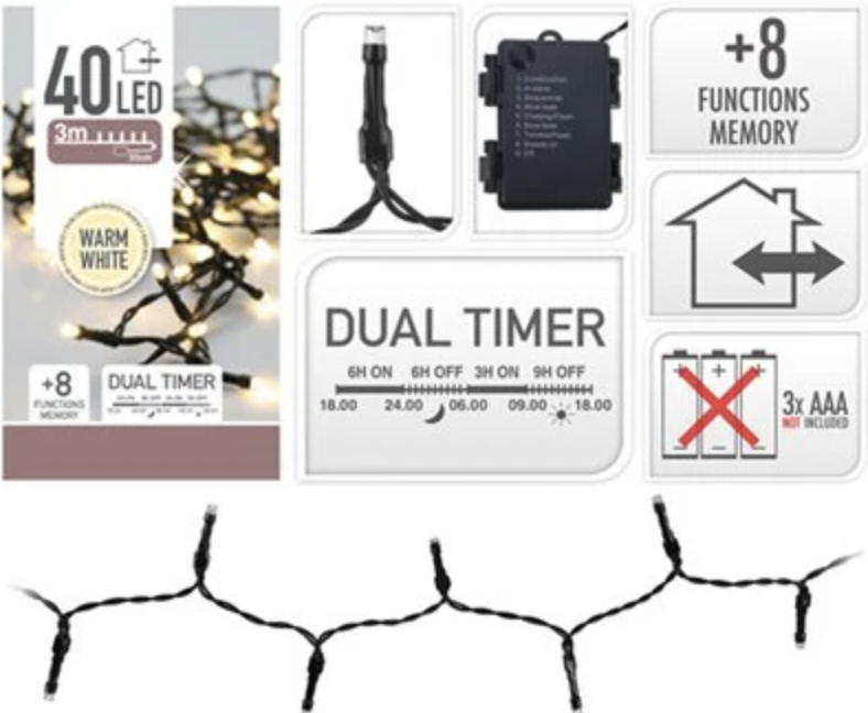 Lyskæde Udendørs og Indendørs, 40 LED, 3m